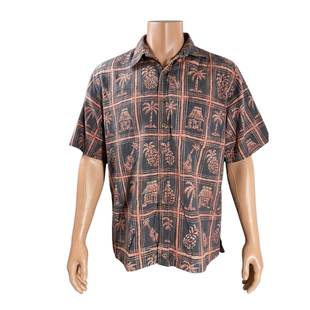 Cooke Street Hawaiian Aloha Shirt L Reverse Print‎ Pineapple Palm Hut Mens